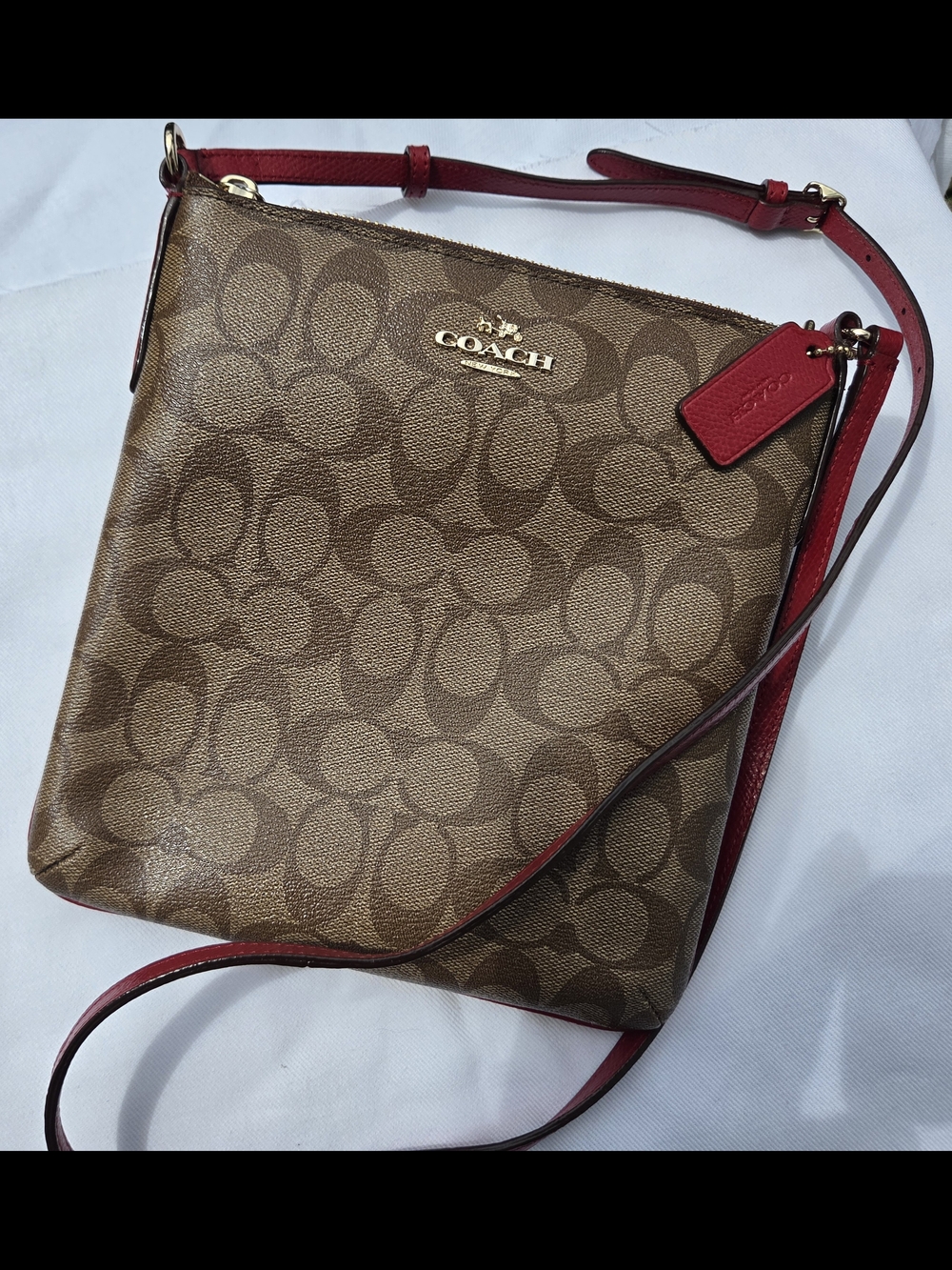 Coach Signature Brown Crossbody Bag with Red Trim